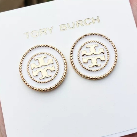 Tory Burch Jewelry - Tory Burch White & Gold Button Logo Stud Earrings